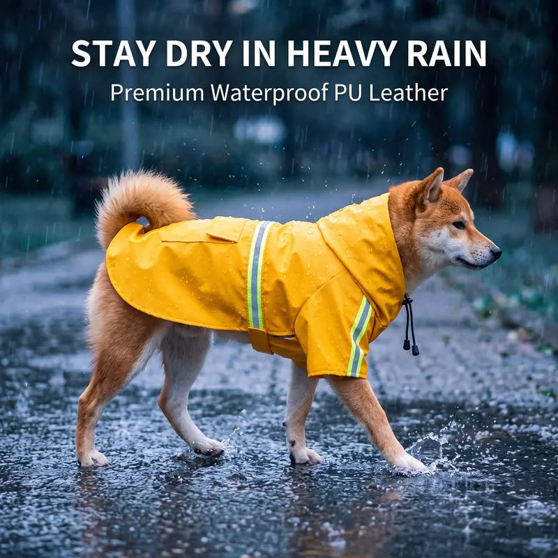 Waterproof Reflective PU Fabric Raincoat for Small to Medium Dogs - Outdoor Pet Apparel with Dry Protection, Reflective Strips, Adjustable Hood, Harness Opening, Treat Pocket, and Chest Strap