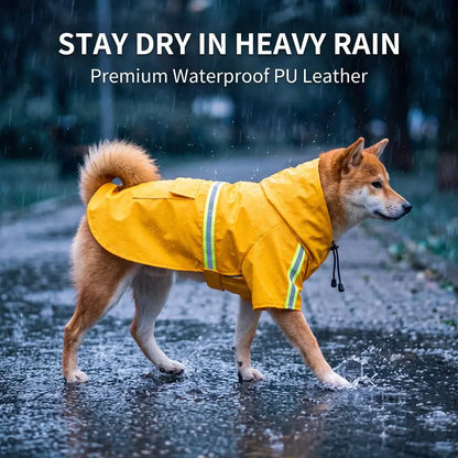 Waterproof Reflective PU Fabric Raincoat for Small to Medium Dogs - Outdoor Pet Apparel with Dry Protection, Reflective Strips, Adjustable Hood, Harness Opening, Treat Pocket, and Chest Strap