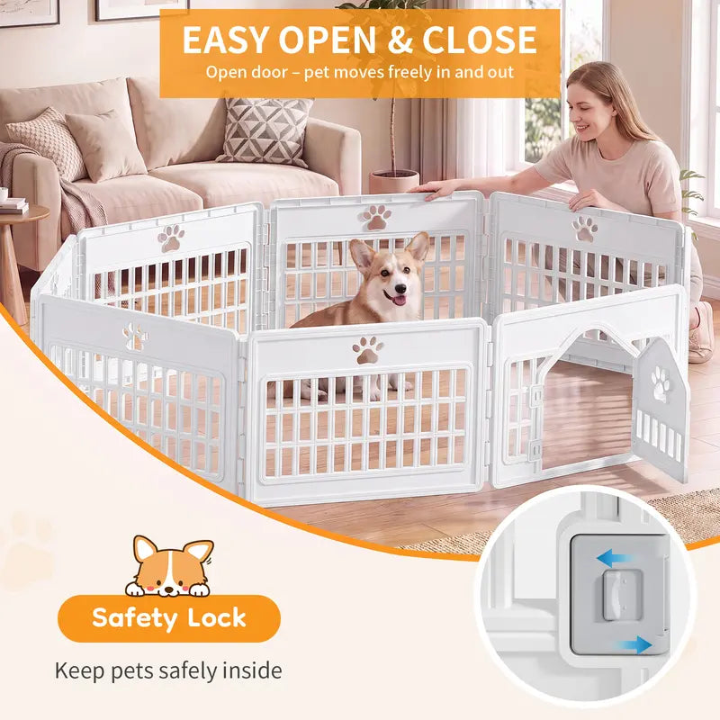 Sweetcrispy Modular Plastic Dog Playpen - Customizable Multi-Panel Design, Versatile Configuration, Tool-Free Assembly, Secure Locking Door Latch