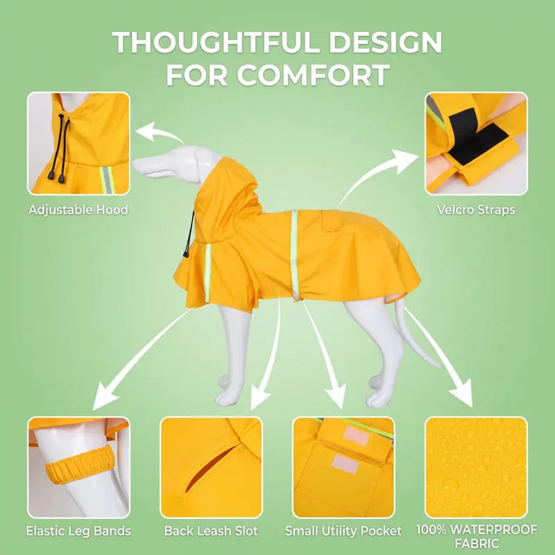 Waterproof Reflective PU Fabric Raincoat for Small to Medium Dogs - Outdoor Pet Apparel with Dry Protection, Reflective Strips, Adjustable Hood, Harness Opening, Treat Pocket, and Chest Strap