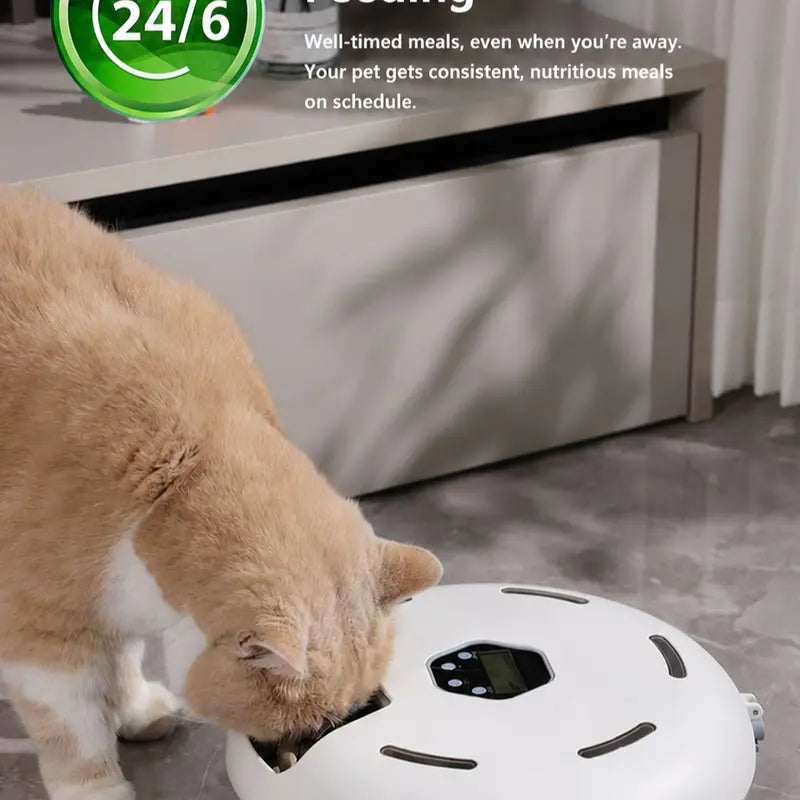 Automatic Compact Round Cat Food Feeder for Apartments - Battery-Powered with Manual Timer, Rotating Tray, Easy-Clean ABS, 6-Meal Dispenser, Wet & Dry Food Compatibility, Includes 2 Cooling Ice Packs