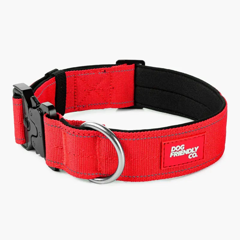 Tactical Dog Collar by Dog Friendly Co. - Reflective, Quick-Release Buckle, Neoprene-Lined Chafe-Resistant Pad, Comfortable Fit, Metal D-Ring, Waterproof Webbing, Adjustable for Neck Sizes XS-28 Inches, Durable Construction