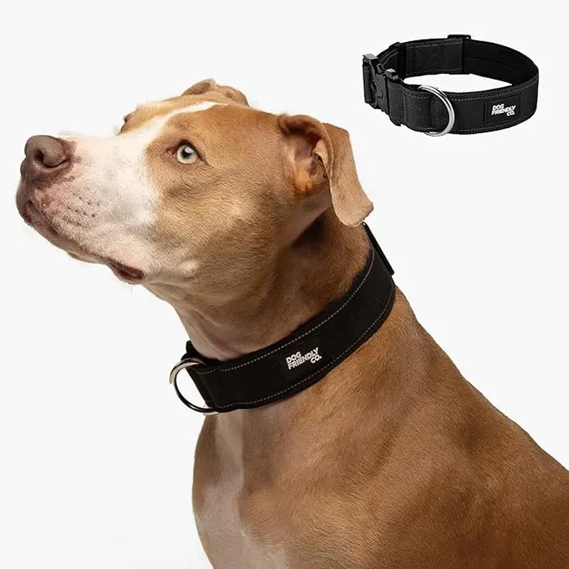 Tactical Dog Collar by Dog Friendly Co. - Reflective, Quick-Release Buckle, Neoprene-Lined Chafe-Resistant Pad, Comfortable Fit, Metal D-Ring, Waterproof Webbing, Adjustable for Neck Sizes XS-28 Inches, Durable Construction