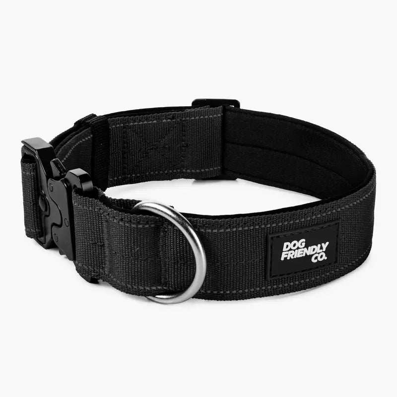 Tactical Dog Collar by Dog Friendly Co. - Reflective, Quick-Release Buckle, Neoprene-Lined Chafe-Resistant Pad, Comfortable Fit, Metal D-Ring, Waterproof Webbing, Adjustable for Neck Sizes XS-28 Inches, Durable Construction