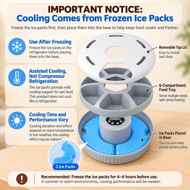 Automatic Compact Round Cat Food Feeder for Apartments - Battery-Powered with Manual Timer, Rotating Tray, Easy-Clean ABS, 6-Meal Dispenser, Wet & Dry Food Compatibility, Includes 2 Cooling Ice Packs
