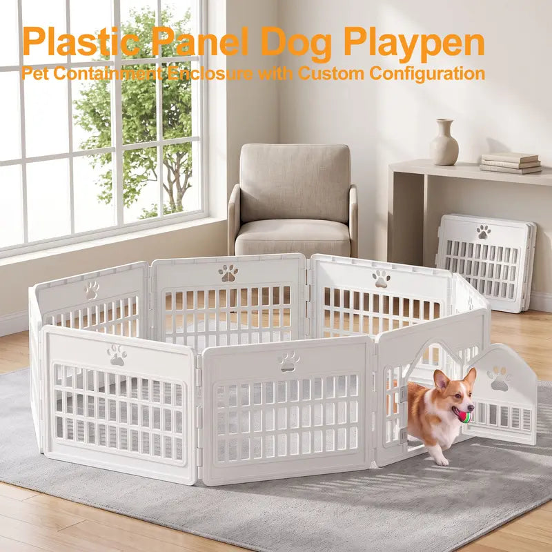 Sweetcrispy Modular Plastic Dog Playpen - Customizable Multi-Panel Design, Versatile Configuration, Tool-Free Assembly, Secure Locking Door Latch
