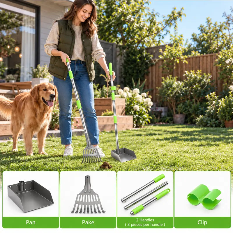 Premium Dog Waste Management System: Adjustable Stainless Steel Rake and Tray for All Breeds