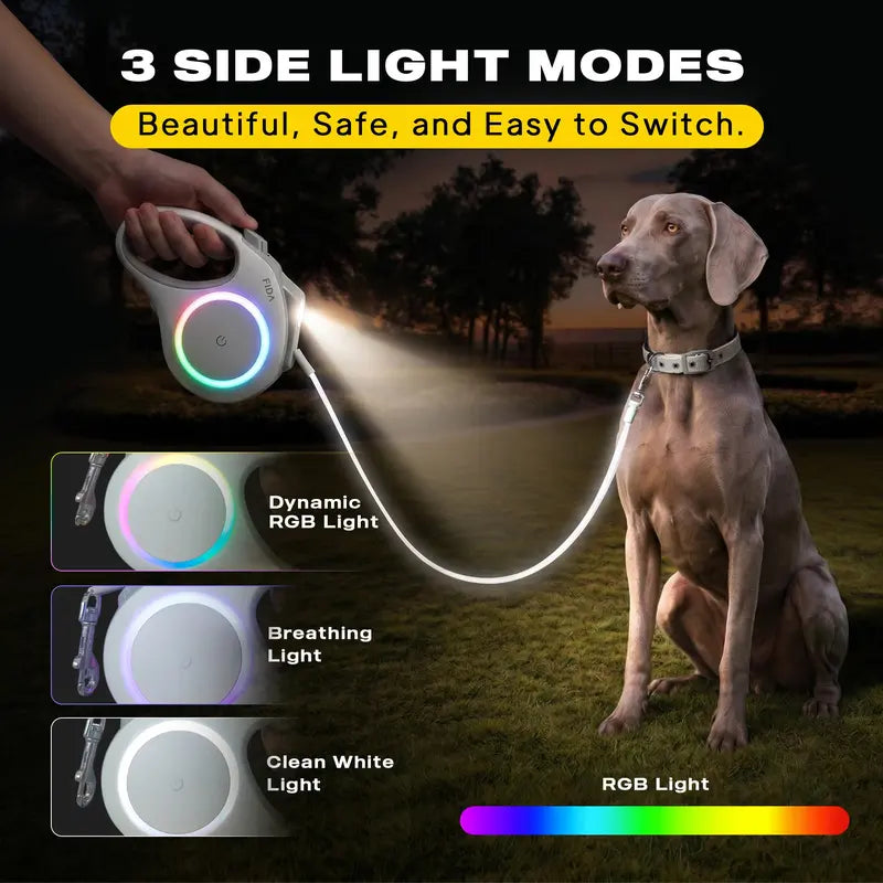 FIDA 16FT LED Retractable Dog Leash with Rechargeable Headlight, Reflective Tape, Multi-Color Side Lights, and One-Hand Brake Lock for Enhanced Night Safety for Medium and Large Dogs