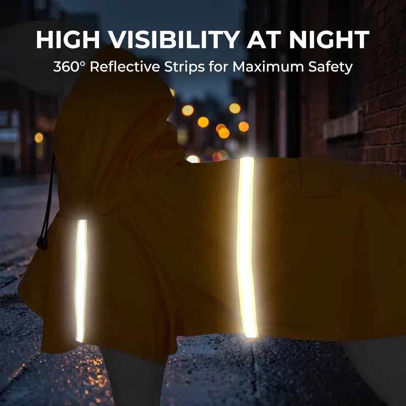Waterproof Reflective PU Fabric Raincoat for Small to Medium Dogs - Outdoor Pet Apparel with Dry Protection, Reflective Strips, Adjustable Hood, Harness Opening, Treat Pocket, and Chest Strap