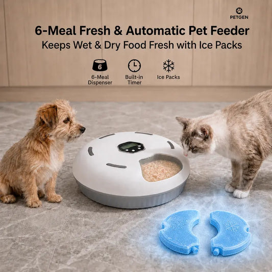 Automatic Compact Round Cat Food Feeder for Apartments - Battery-Powered with Manual Timer, Rotating Tray, Easy-Clean ABS, 6-Meal Dispenser, Wet & Dry Food Compatibility, Includes 2 Cooling Ice Packs