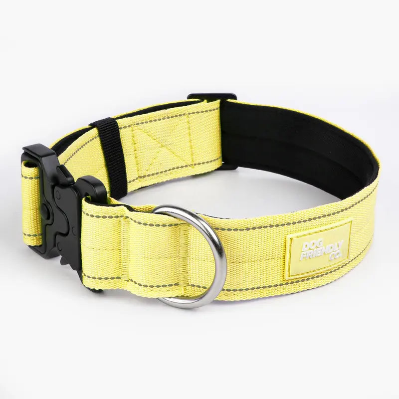 Tactical Dog Collar by Dog Friendly Co. - Reflective, Quick-Release Buckle, Neoprene-Lined Chafe-Resistant Pad, Comfortable Fit, Metal D-Ring, Waterproof Webbing, Adjustable for Neck Sizes XS-28 Inches, Durable Construction