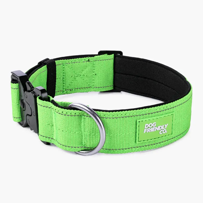 Tactical Dog Collar by Dog Friendly Co. - Reflective, Quick-Release Buckle, Neoprene-Lined Chafe-Resistant Pad, Comfortable Fit, Metal D-Ring, Waterproof Webbing, Adjustable for Neck Sizes XS-28 Inches, Durable Construction