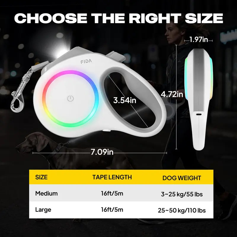 FIDA 16FT LED Retractable Dog Leash with Rechargeable Headlight, Reflective Tape, Multi-Color Side Lights, and One-Hand Brake Lock for Enhanced Night Safety for Medium and Large Dogs