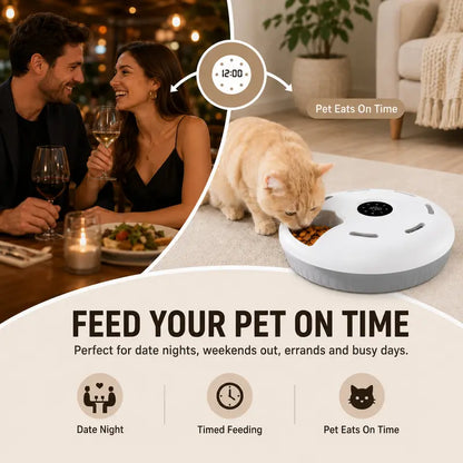 Automatic Compact Round Cat Food Feeder for Apartments - Battery-Powered with Manual Timer, Rotating Tray, Easy-Clean ABS, 6-Meal Dispenser, Wet & Dry Food Compatibility, Includes 2 Cooling Ice Packs