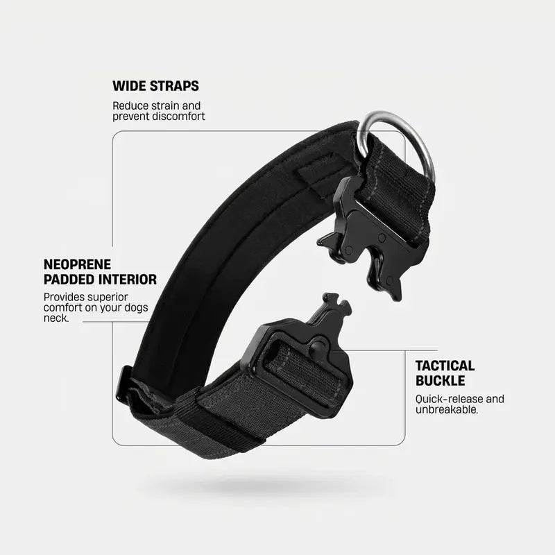 Tactical Dog Collar by Dog Friendly Co. - Reflective, Quick-Release Buckle, Neoprene-Lined Chafe-Resistant Pad, Comfortable Fit, Metal D-Ring, Waterproof Webbing, Adjustable for Neck Sizes XS-28 Inches, Durable Construction