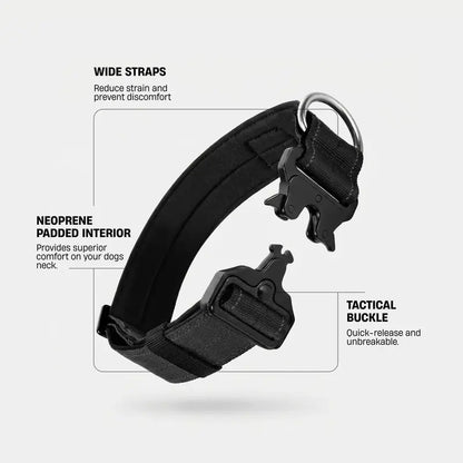 Tactical Dog Collar by Dog Friendly Co. - Reflective, Quick-Release Buckle, Neoprene-Lined Chafe-Resistant Pad, Comfortable Fit, Metal D-Ring, Waterproof Webbing, Adjustable for Neck Sizes XS-28 Inches, Durable Construction