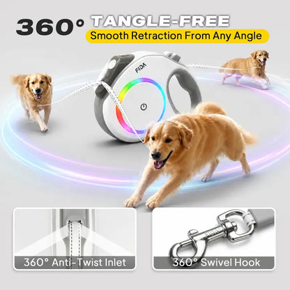 FIDA 16FT LED Retractable Dog Leash with Rechargeable Headlight, Reflective Tape, Multi-Color Side Lights, and One-Hand Brake Lock for Enhanced Night Safety for Medium and Large Dogs