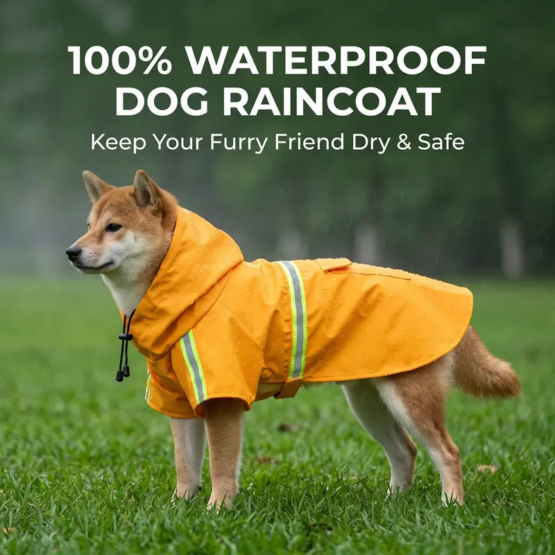 Waterproof Reflective PU Fabric Raincoat for Small to Medium Dogs - Outdoor Pet Apparel with Dry Protection, Reflective Strips, Adjustable Hood, Harness Opening, Treat Pocket, and Chest Strap