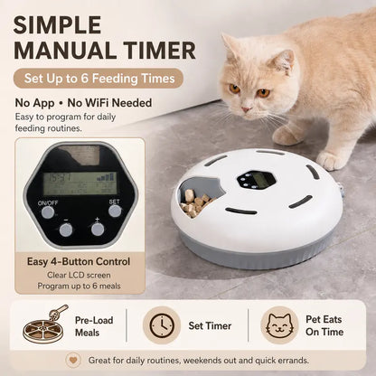 Automatic Compact Round Cat Food Feeder for Apartments - Battery-Powered with Manual Timer, Rotating Tray, Easy-Clean ABS, 6-Meal Dispenser, Wet & Dry Food Compatibility, Includes 2 Cooling Ice Packs